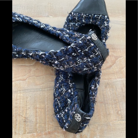 Tory Burch patterned ballet flats shoes tweed navy black - Picture 3 of 11